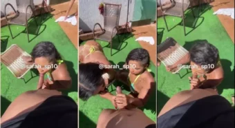 Sarah gravou um vídeo ousado lambendo o membro do amigo safado!