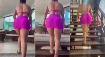 Kah Kampa subindo as escadas de mini saia sem nada por baixo