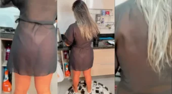 Vídeo da Juli Figueiro de roupão na cozinha, quase despida