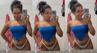 Amanda Santos, morena e toda charmosa, dando um trato no banheiro