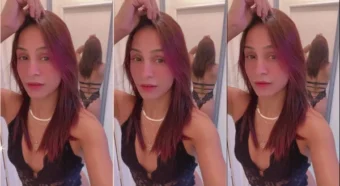 Lessa Silva, toda charmosa de calcinha preta, fazendo pose no espelho
