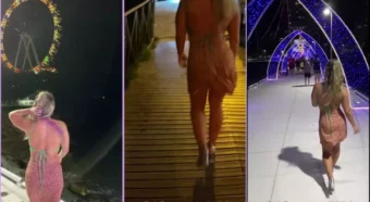 A Lais, toda peituda e ousada, desfilando com uma roupa sexy pelas ruas da cidade