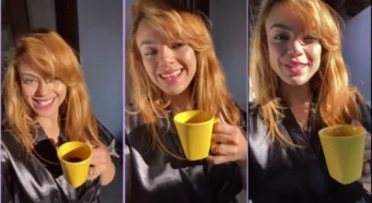 Iasmim Oliver saboreando um cafezinho, toda lindona de babydoll preto